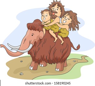 Illustration Of A Caveman Family Riding A Wooly Mammoth