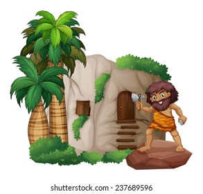 Illustration of a caveman standing in front of a house
