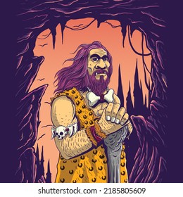 Illustration of a caveman standing on cave background