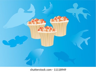 illustration with caviar on blue background with fish silhouettes