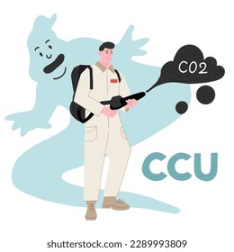 Illustration of CCU (Carbon Capture and Utilization) Technology
-A person wearing protective gear is shown absorbing carbon dioxide using specialized equipment.