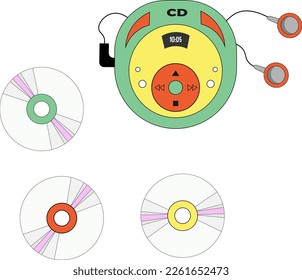 Illustration of CD player, headphones and CD discs with music. Retro style from 80s and 90s. Vector on white background. For flyers, covers and posters, brochures and advertisements, web page and