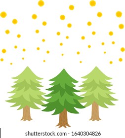 Illustration of cedar trees and many cedar pollen (hand-drawn style)