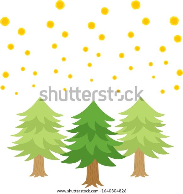 Illustration of cedar trees and many cedar pollen\
(hand-drawn\
style)