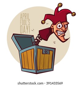 Illustration celebrating April Fools' Day, jack in the box toy, springing out of a box, cartoon character, vector illustration