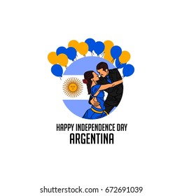 Illustration celebrating Argentina's Independence Day featuring a couple performing a tango dance with the national flag as the background.