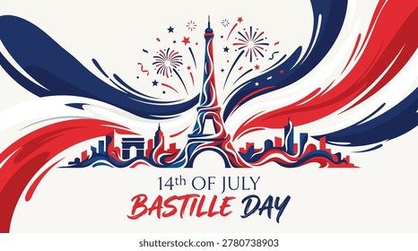 Illustration celebrating Bastille Day featuring fireworks and the French tricolor flag colors