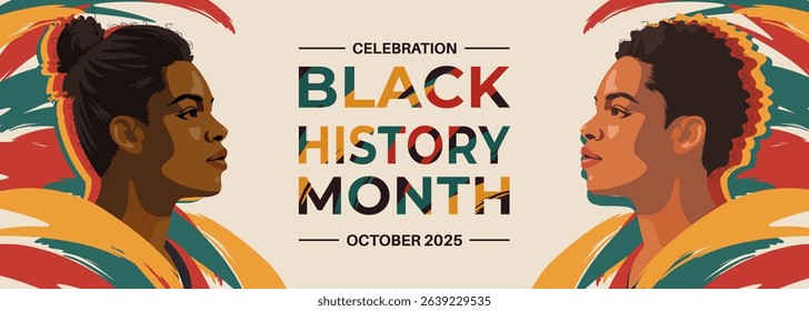 Illustration celebrating Black History Month with colorful patterns and diverse profiles, showcasing cultural pride.