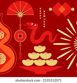 Illustration celebrating the Chinese New Year of the Snake, featuring a minimalist decorative style with traditional Chinese cultural elements layout