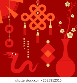 Illustration celebrating the Chinese New Year of the Snake, featuring a minimalist decorative style with traditional Chinese cultural elements layout