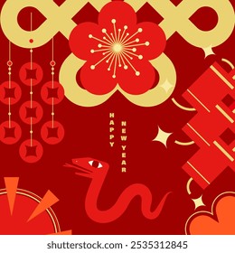 Illustration celebrating the Chinese New Year of the Snake, featuring a minimalist decorative style with traditional Chinese cultural elements layout