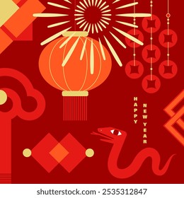 Illustration celebrating the Chinese New Year of the Snake, featuring a minimalist decorative style with traditional Chinese cultural elements layout