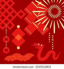 Illustration celebrating the Chinese New Year of the Snake, featuring a minimalist decorative style with traditional Chinese cultural elements layout