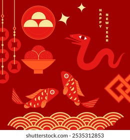 Illustration celebrating the Chinese New Year of the Snake, featuring a minimalist decorative style with traditional Chinese cultural elements layout