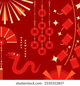 Illustration celebrating the Chinese New Year of the Snake, featuring a minimalist decorative style with traditional Chinese cultural elements layout