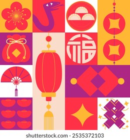 Illustration celebrating the Chinese New Year of the Snake, featuring a minimalist decorative style with traditional Chinese cultural elements layout