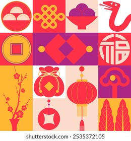 Illustration celebrating the Chinese New Year of the Snake, featuring a minimalist decorative style with traditional Chinese cultural elements layout