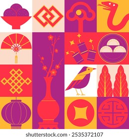 Illustration celebrating the Chinese New Year of the Snake, featuring a minimalist decorative style with traditional Chinese cultural elements layout