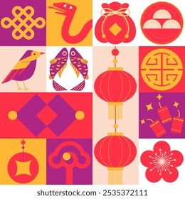 Illustration celebrating the Chinese New Year of the Snake, featuring a minimalist decorative style with traditional Chinese cultural elements layout