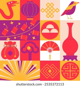 Illustration celebrating the Chinese New Year of the Snake, featuring a minimalist decorative style with traditional Chinese cultural elements layout