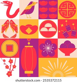 Illustration celebrating the Chinese New Year of the Snake, featuring a minimalist decorative style with traditional Chinese cultural elements layout