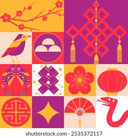 Illustration celebrating the Chinese New Year of the Snake, featuring a minimalist decorative style with traditional Chinese cultural elements layout