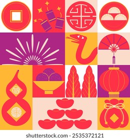 Illustration celebrating the Chinese New Year of the Snake, featuring a minimalist decorative style with traditional Chinese cultural elements layout