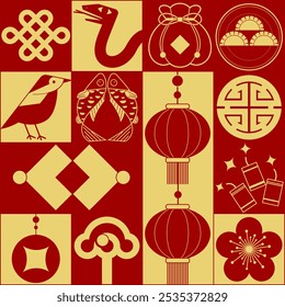 Illustration celebrating the Chinese New Year of the Snake, featuring a minimalist decorative style with traditional Chinese cultural elements layout