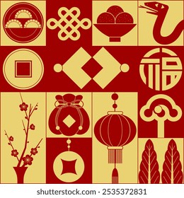 Illustration celebrating the Chinese New Year of the Snake, featuring a minimalist decorative style with traditional Chinese cultural elements layout