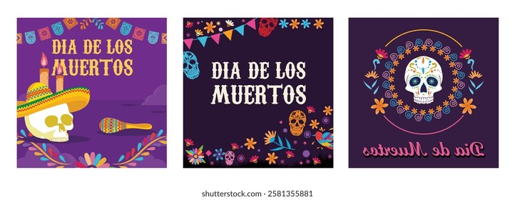 Illustration celebrating Dia de los Muertos. Featuring traditional skull art, colorful decorations, and cultural elements on a dark purple background. Day of the Dead concept.