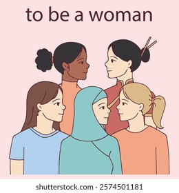 An illustration celebrating diversity and unity among women from various backgrounds. The group includes women of different ethnicities, hairstyles, and cultural attire, promoting empowerment 