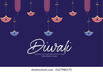 illustration celebrating the Diwali festival, featuring traditional Indian floral patterns and lamps on a purple background. Perfect for festive invitations and cultural events.