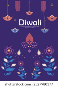 illustration celebrating the Diwali festival, featuring traditional Indian floral patterns and lamps on a purple background. Perfect for festive invitations and cultural events.