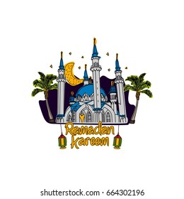 Illustration celebrating Eid Mubarak featuring a mosque, crescent moon, palm trees, and lanterns. Represents Islamic culture and festivities. Perfect for holiday greetings and designs.