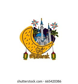 Illustration celebrating Eid Mubarak featuring a mosque. Represents Islamic culture and festivities. Perfect for holiday greetings and designs.