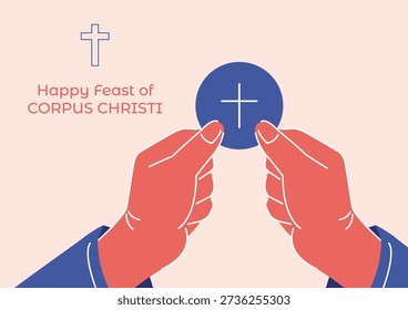 Illustration celebrating the Feast of Corpus Christi. The image depicts two red hands elevating a blue circular Eucharistic host marked with a cross