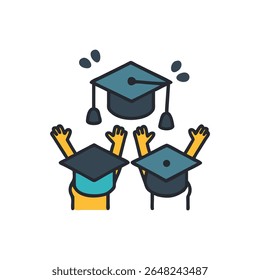 Illustration of celebrating graduates throwing caps. Flat design with a White Background highlighting the joyous scene and accomplishment.