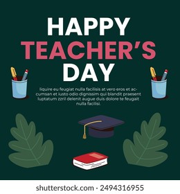 Illustration celebrating "Happy Teacher's Day." It features a dark blue grid background with various educational elements scattered throughout.
