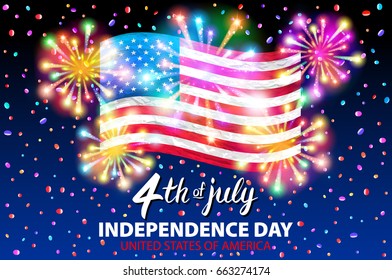 illustration of a celebrating Independence Day Vector Poster. 4th of July Lettering. American Red Flag on Blue Background with Stars burst. firework art