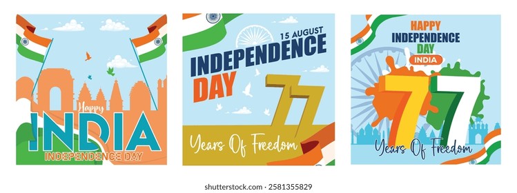 Illustration celebrating India's 77th Independence Day. It features national flags, cultural monuments, and themes of freedom and patriotism. Independence Day India concept. Flat vector illustration.