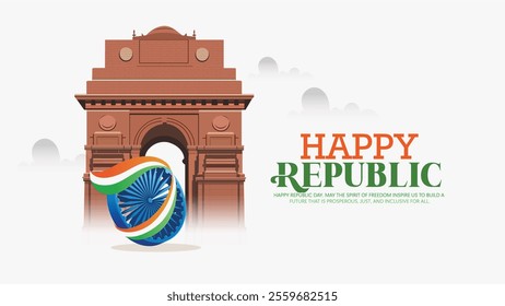 Illustration celebrating India's Republic Day, featuring red fort on white background