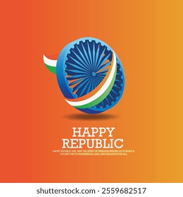 Illustration celebrating India's Republic Day, featuring ashoka chakra wrapped in flag on saffron background