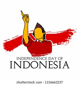 Illustration celebrating Indonesian Independence Day with a person raising their arm on a red background, symbolizing patriotism, pride, and unity among the people of Indonesia.