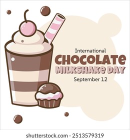 Ilustração celebrando o Dia Internacional do Milkshake de Chocolate em 12 de setembro, com um delicioso milkshake de chocolate com chantilly, uma cereja e um cupcake. Perfeito para os amantes de sobremesa!