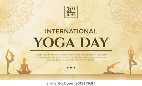 Illustration celebrating International Yoga Day with silhouettes of yoga postures, intricate mandala art, and a serene background, symbolizing health and mindfulness.