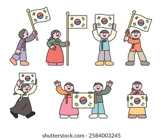 Illustration celebrating Korea's Independence Movement Day , featuring people in Hanbok holding Taegeukgi. Flat vector design, perfect for patriotic and historical themes.