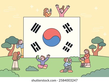 Illustration celebrating Korea's Independence Movement Day, featuring people joyfully gathering around a large Taegeukgi. Flat vector design, perfect for patriotic and historical themes.