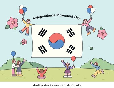 Illustration celebrating Korea's Independence Movement Day.  featuring people holding Taegeukgi, Mugunghwa, and balloons. Flat vector design, perfect for patriotic and historical themes.