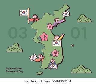 Illustration celebrating Korea's Independence Movement Day, featuring people holding Taegeukgi, Hanbok, and Mugunghwa. Flat vector design, perfect for historical and patriotic themes.