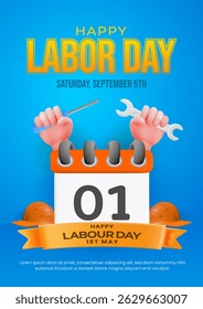 Illustration celebrating Labour Day, featuring a colorful calendar, tools, and a festive message on a blue background. Perfect for Labor Day events, worker recognition themes, or holiday decorations.